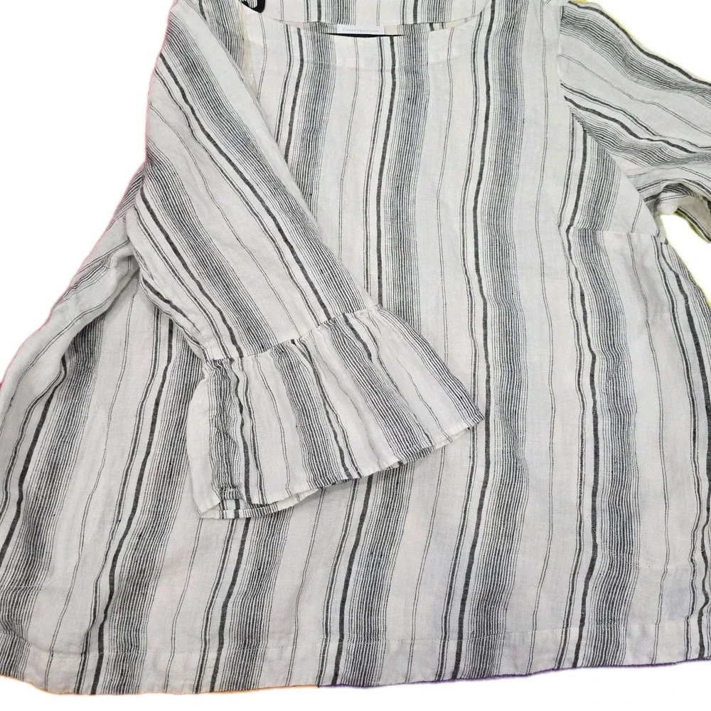 Charter Club Women's 2X Top‎ 100% Linen Striped Ruffle Bell Sleeve Boho Blouse